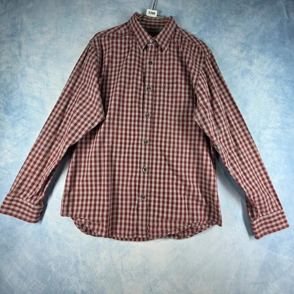 Banana Republic Soft Wash Tailored Slim Fit Gingham Shirt Mens L Red Grey Cotton